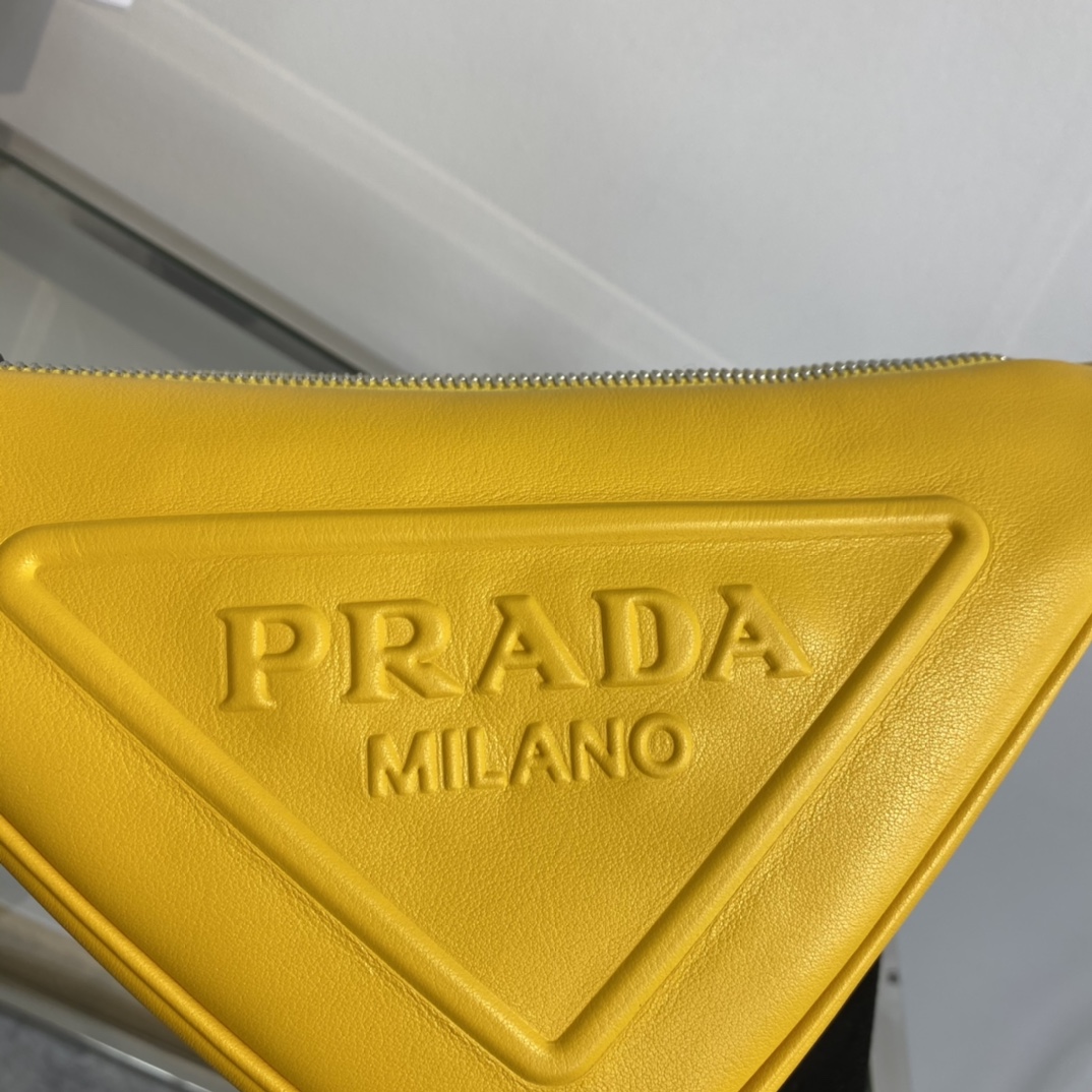 Prada Triangle Leather Shoulder Bag Tote Yellow 1BH190